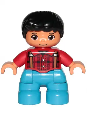 47205PB058:  Duplo Figure Lego Ville, Child Boy, Dark Azure Legs, Red Checkered Shirt with Suspenders, Black Hair