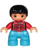 Minifigurka: 47205PB058:  Duplo Figure Lego Ville, Child Boy, Dark Azure Legs, Red Checkered Shirt with Suspenders, Black Hair