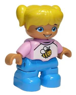 47205PB059:  Duplo Figure Lego Ville, Child Girl, Dark Azure Legs, White and Bright Pink Top with Bee, Yellow Hair with Pigtails (6250094)