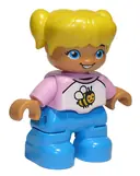 Minifigurka: 47205PB059:  Duplo Figure Lego Ville, Child Girl, Dark Azure Legs, White and Bright Pink Top with Bee, Yellow Hair with Pigtails (6250094)
