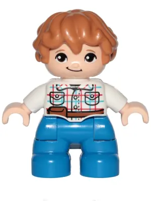 47205PB062:  Duplo Figure Lego Ville, Child Boy, Blue Legs, White Checkered Shirt with Belt, Medium Nougat Hair