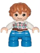 Minifigurka: 47205PB062:  Duplo Figure Lego Ville, Child Boy, Blue Legs, White Checkered Shirt with Belt, Medium Nougat Hair