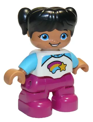 47205PB063:  Duplo Figure Lego Ville, Child Girl, Magenta Legs, White and Medium Azure Top with Shooting Star, Black Hair with Pigtails