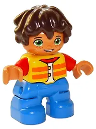 47205PB066:  Duplo Figure Lego Ville, Child Boy, Blue Legs, Yellow Vest, Red Arms, Reddish Brown Hair (6265055)