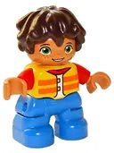 Minifigurka: 47205PB066:  Duplo Figure Lego Ville, Child Boy, Blue Legs, Yellow Vest, Red Arms, Reddish Brown Hair (6265055)