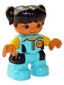 Minifigurka: 47205PB067:  Duplo Figure Lego Ville, Child Girl, Medium Azure Diving Suit, Yellow Arms, Black Hair with Pigtails (6266937)