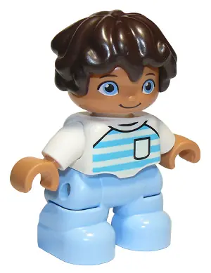 47205PB068:  Duplo Figure Lego Ville, Child Boy, Bright Light Blue Legs, White Top with Medium Azure and Light Aqua Stripes, White Arms, Dark Brown Hair (6296134)