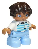 Minifigurka: 47205PB068:  Duplo Figure Lego Ville, Child Boy, Bright Light Blue Legs, White Top with Medium Azure and Light Aqua Stripes, White Arms, Dark Brown Hair (6296134)