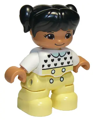 47205PB069:  Duplo Figure Lego Ville, Child Girl, Bright Light Yellow Legs, White Top with Black Hearts, Black Hair with Pigtails, Medium Nougat Skin