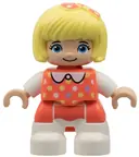 Minifigurka: 47205PB070:  Duplo Figure Lego Ville, Child Girl, White Legs, Coral Top with Polka Dots Pattern, White Arms, Bright Light Yellow Hair with Bow