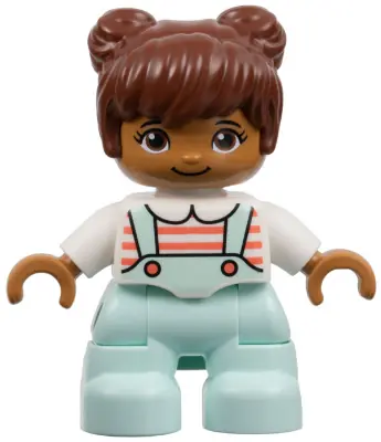 47205PB071:  Duplo Figure Lego Ville, Child Girl, Light Aqua Legs, White Top with Coral Stripes, Reddish Brown Hair (6290980)