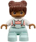 Minifigurka: 47205PB071:  Duplo Figure Lego Ville, Child Girl, Light Aqua Legs, White Top with Coral Stripes, Reddish Brown Hair (6290980)