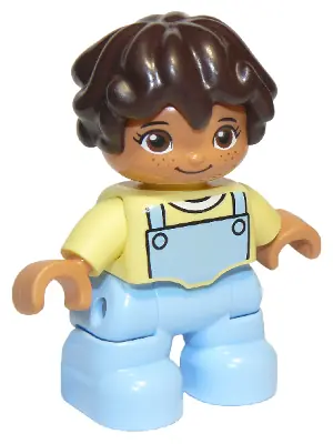 47205PB073:  Duplo Figure Lego Ville, Child Girl, Bright Light Blue Legs, Bright Light Yellow Top, Dark Brown Hair