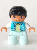 Minifigurka: 47205PB074:  Duplo Figure Lego Ville, Child Boy, Light Aqua Legs, Medium Azure Jacket, Bright Light Yellow Shirt, White Arms, Black Hair