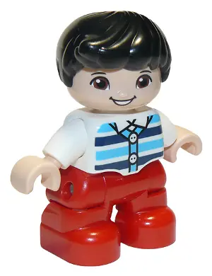 47205PB077:  Duplo Figure Lego Ville, Child Boy, Red Legs, White Top with Medium Azure and Dark Blue Stripes, Black Hair