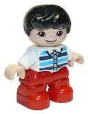 Minifigurka: 47205PB077:  Duplo Figure Lego Ville, Child Boy, Red Legs, White Top with Medium Azure and Dark Blue Stripes, Black Hair