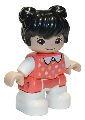47205PB078:  Duplo Figure Lego Ville, Child Girl, White Legs, Coral Top with Polka Dots Pattern, White Arms, Black Hair (6335901)