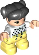 47205PB079:  Duplo Figure Lego Ville, Child Girl, Bright Light Yellow Legs, White Top with Black Hearts, Black Hair with Pigtails, Light Nougat Skin (6335905)