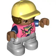 47205PB080:  Duplo Figure Lego Ville, Child Boy, Light Bluish Gray Legs, Coral Top with Dark Blue Arms, Dark Brown Hair, Bright Light Yellow Cap (6323946)