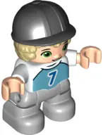 47205PB081:  Duplo Figure Lego Ville, Child Boy, Light Bluish Gray Legs, Medium Azure Top with Number 7, Tan Hair, Black Riding Helmet (6323948)