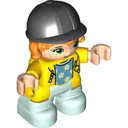 Minifigurka: 47205PB082:  Duplo Figure Lego Ville, Child Girl, Light Aqua Legs, Yellow Jacket with Medium Azure Top with Flowers, Orange Hair, Black Riding Helmet (6323945)
