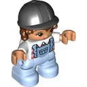 Minifigurka: 47205PB083:  Duplo Figure Lego Ville, Child Girl, Bright Light Blue Legs with Overalls, White Top, Reddish Brown Hair, Black Riding Helmet (6332636)