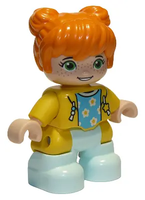 47205PB084:  Duplo Figure Lego Ville, Child Girl, Light Aqua Legs, Yellow Jacket with Medium Azure Top with Flowers, Orange Hair