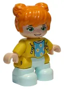 Minifigurka: 47205PB084:  Duplo Figure Lego Ville, Child Girl, Light Aqua Legs, Yellow Jacket with Medium Azure Top with Flowers, Orange Hair