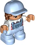 47205PB088:  Duplo Figure Lego Ville, Child Girl, Bright Light Blue Legs with Overalls, White Top, Reddish Brown Hair, Bright Light Blue Cap (6349955)