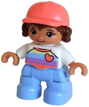 47205PB091:  Duplo Figure Lego Ville, Child Girl, Bright Light Blue Legs, White Top with Stripes and Heart, Reddish Brown Hair, Coral Cap (6376729)