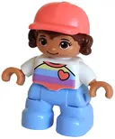 Minifigurka: 47205PB091:  Duplo Figure Lego Ville, Child Girl, Bright Light Blue Legs, White Top with Stripes and Heart, Reddish Brown Hair, Coral Cap (6376729)