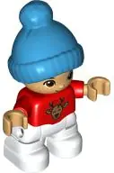Minifigurka: 47205PB093:  Duplo Figure Lego Ville, Child Boy, White Legs, Red Top with Deer Buck, Freckles, Reddish Brown Eyes, Dark Azure Bobble Cap (6397615)