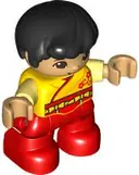 Minifigurka: 47205PB094:  Duplo Figure Lego Ville, Child Boy, Red Legs, Yellow Robe, Bright Light Yellow Arms, Black Hair, Reddish Brown Eyes (6429723)
