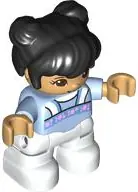 47205PB095:  Duplo Figure Lego Ville, Child Girl, White Legs, Bright Light Blue Top with Bright Pink Flowers, Black Hair, Reddish Brown Eyes (6429732)