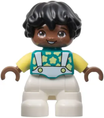 47205PB096:  Duplo Figure Lego Ville, Child Boy, White Legs, Dark Turquoise Top with Stars, Bright Light Yellow Arms, Black Hair (6444500)