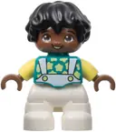 Minifigurka: 47205PB096:  Duplo Figure Lego Ville, Child Boy, White Legs, Dark Turquoise Top with Stars, Bright Light Yellow Arms, Black Hair (6444500)