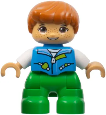 47205PB097:  Duplo Figure Lego Ville, Child Girl, Bright Green Legs, Dark Azure Vest, White Shirt, Dark Orange Hair, Hearing Aids (6443276)