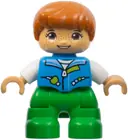 Minifigurka: 47205PB097:  Duplo Figure Lego Ville, Child Girl, Bright Green Legs, Dark Azure Vest, White Shirt, Dark Orange Hair, Hearing Aids (6443276)