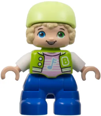 47205PB098:  Duplo Figure Lego Ville, Child Boy, Blue Legs, Lime Jacket with White Sleeves, Bright Pink Shirt, Yellowish Green Bicycle Helmet (6424661)