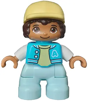 47205PB099:  Duplo Figure Lego Ville, Child Boy, Light Aqua Legs, Medium Azure Jacket with Capital Letter A and Buttons, Dark Brown Hair, Bright Light Yellow Cap (6435328)