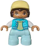Minifigurka: 47205PB099:  Duplo Figure Lego Ville, Child Boy, Light Aqua Legs, Medium Azure Jacket with Capital Letter A and Buttons, Dark Brown Hair, Bright Light Yellow Cap (6435328)