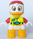 Minifigurka: 47205PB100:  Duplo Figure Lego Ville, Huey Duck, Neon Yellow Life Jacket, Red Arms and Cap (6426711)