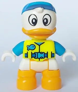 47205PB101:  Duplo Figure Lego Ville, Dewey Duck, Neon Yellow Life Jacket, Dark Azure Arms and Cap (6438662)
