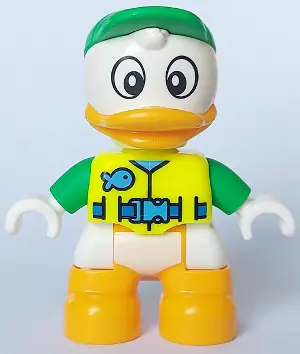 47205PB102:  Duplo Figure Lego Ville, Louie Duck, Neon Yellow Life Jacket, Bright Green Arms and Cap (6438663)