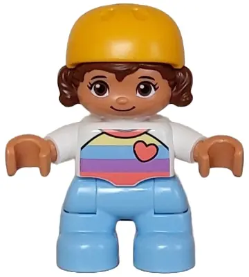47205PB103:  Duplo Figure Lego Ville, Child Girl, Bright Light Blue Legs, White Shirt with Coral, Medium Lavender, Bright Light Blue and Bright Light Yellow Stripes, Coral Heart, Reddish Brown Hair, Bright Light O