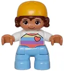 Minifigurka: 47205PB103:  Duplo Figure Lego Ville, Child Girl, Bright Light Blue Legs, White Shirt with Coral, Medium Lavender, Bright Light Blue and Bright Light Yellow Stripes, Coral Heart, Reddish Brown Hair, Bright Light O