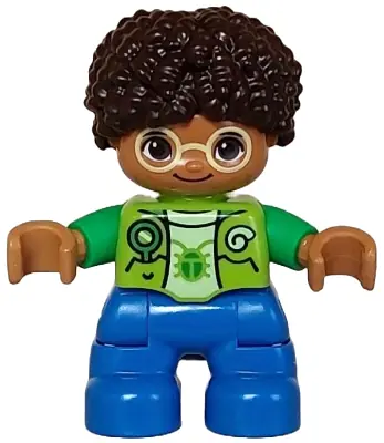 47205PB104:  Duplo Figure Lego Ville, Child Boy, Blue Legs, Lime Vest, Yellowish Green Shirt, Bright Light Yellow Glasses, Dark Brown Hair (6446049)