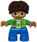 Minifigurka: 47205PB104:  Duplo Figure Lego Ville, Child Boy, Blue Legs, Lime Vest, Yellowish Green Shirt, Bright Light Yellow Glasses, Dark Brown Hair (6446049)
