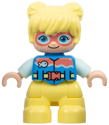 47205PB105:  Duplo Figure Lego Ville, Child Girl, Bright Light Yellow Legs and Hair, Dark Azure Vest, Dark Pink Goggles, Light Aqua Arms (6449853)