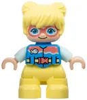 Minifigurka: 47205PB105:  Duplo Figure Lego Ville, Child Girl, Bright Light Yellow Legs and Hair, Dark Azure Vest, Dark Pink Goggles, Light Aqua Arms (6449853)